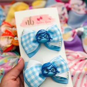 Blue Gingham Hair Bows with Character Accent